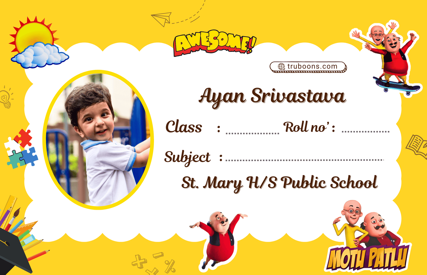 Cute & Colorful Cartoon Name Slips for Kids’ Notebooks | Fun Cartoon Designs & Easy to Use! Truboons